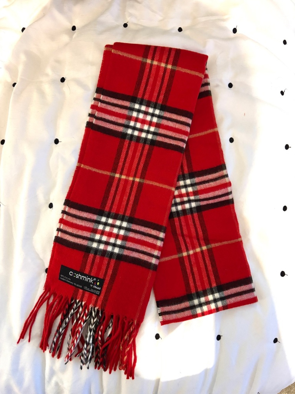 V. FRAAS Red Black White Plaid Fringe Scarf